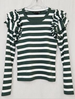 Veronica Beard Segrist Green Ivory Breton Stripe Ruffle Sleeve Ribbed Top Blouse
